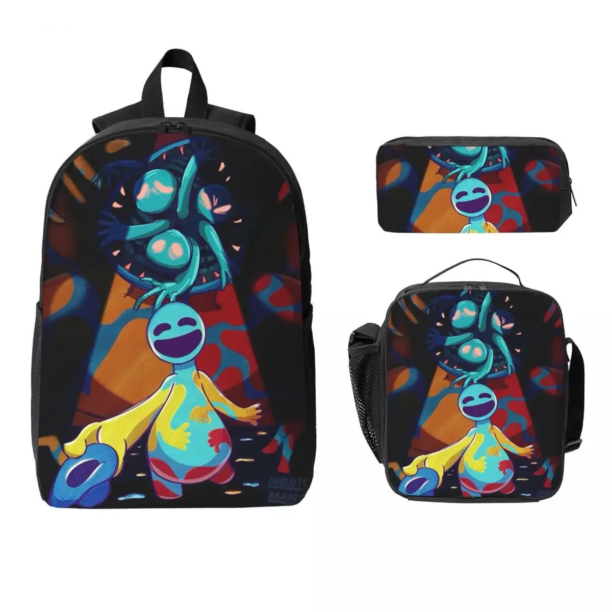 sac à dos doey doughman horror pianosaurus, sac à livres pour étudiants, sac d'école, sacs à bandoulière pour ordinateur portable, 3 pièces, sac à déjeuner isotherme, trousse à crayons