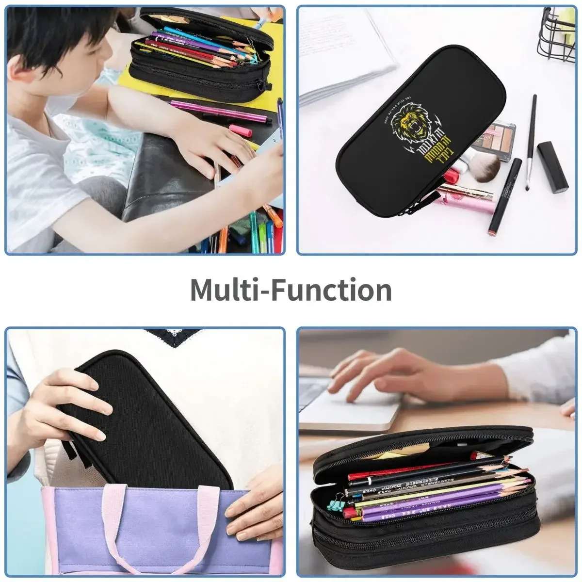 pochette polyester noire lion hébraïques stylos crayons cosmétiques bureau école adolescents adultes organisateur multifonctionalité capacité grande travail étui cosmétiques