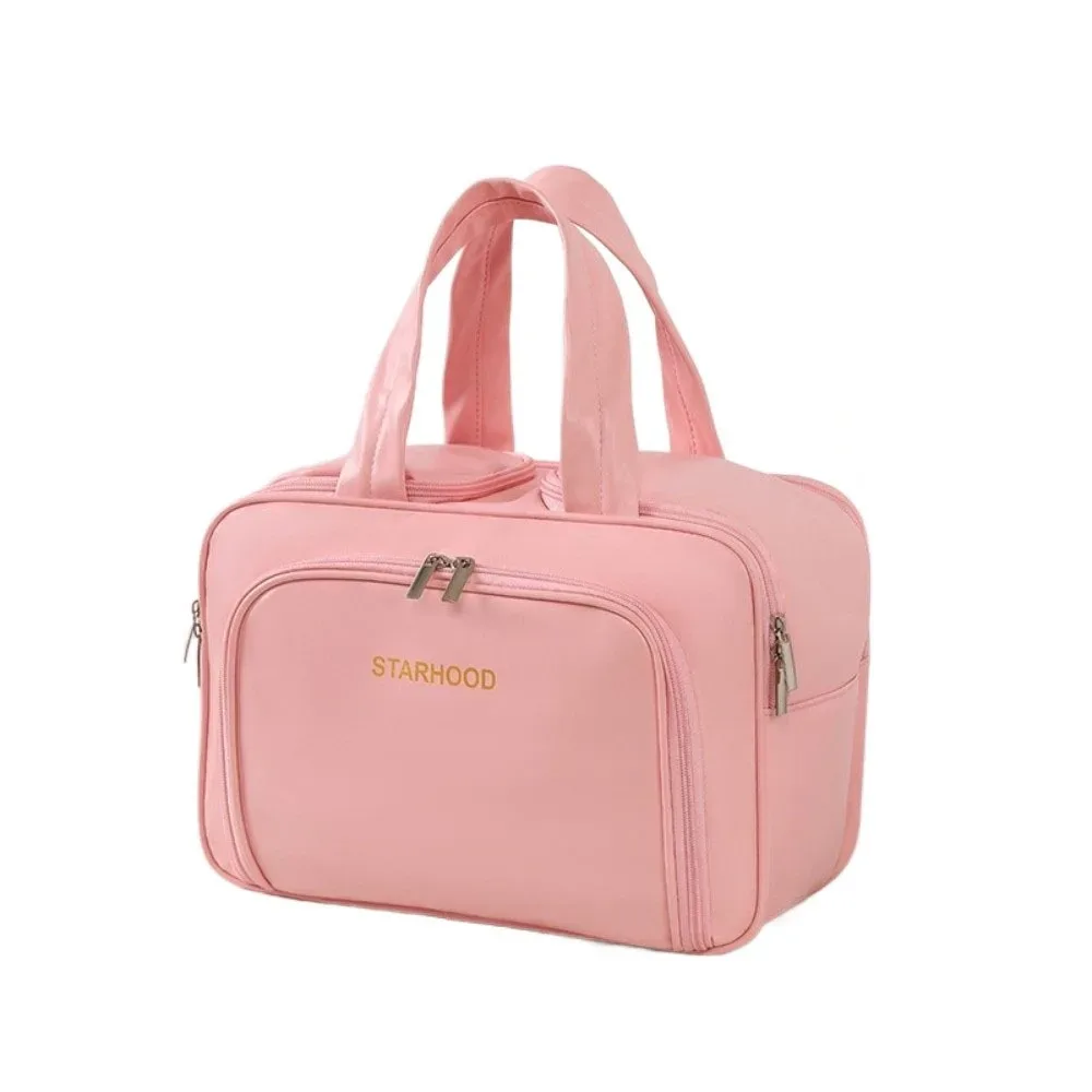 trousse de toilette de voyage de grande capacité, organisateur de maquillage léger en pu, plusieurs compartiments, poignée, mallette de rangement de voyage, salle de bain