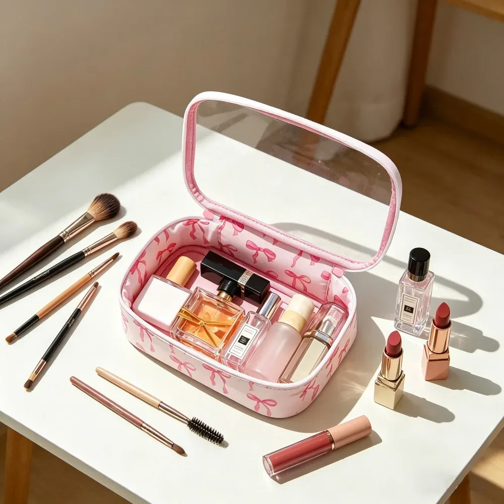 sac de maquillage polyvalent en pvc transparent avec fermeture éclair, sac à cosmétiques imprimé nœud, trousse de toilette de grande capacité pour femmes et filles