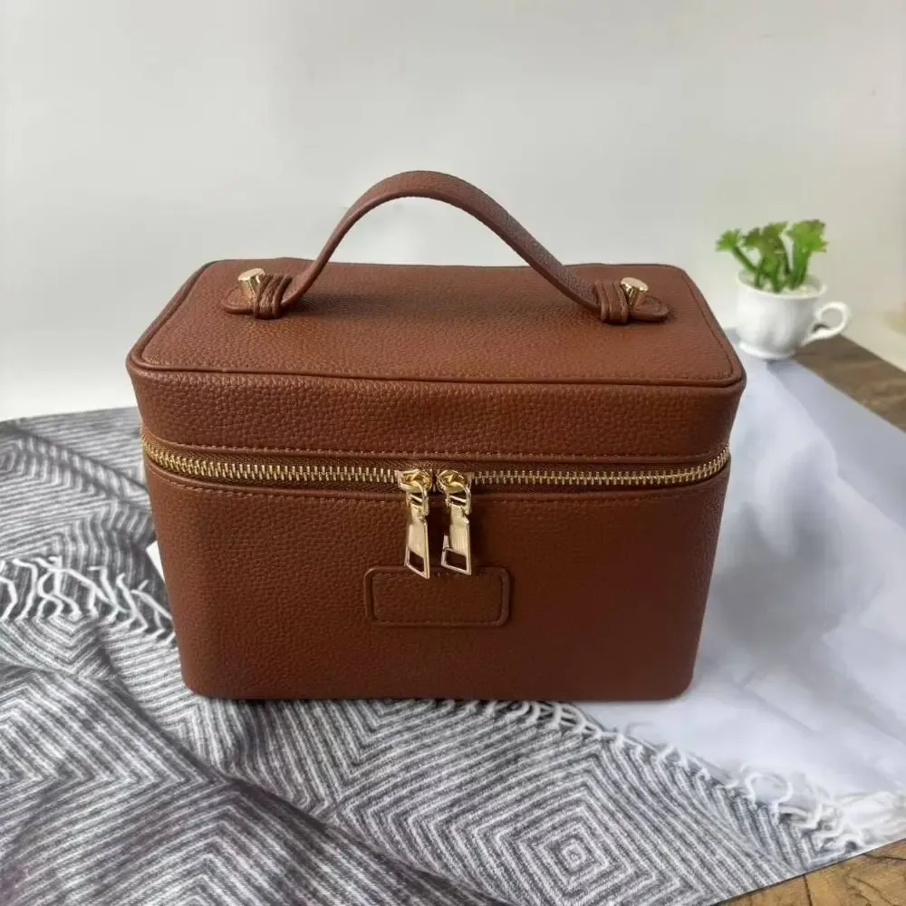 sac à maquillage en cuir pu, forme carrée, grande capacité, sac cosmétique à main, doublure amovible, pochette cosmétique imperméable ​ ​