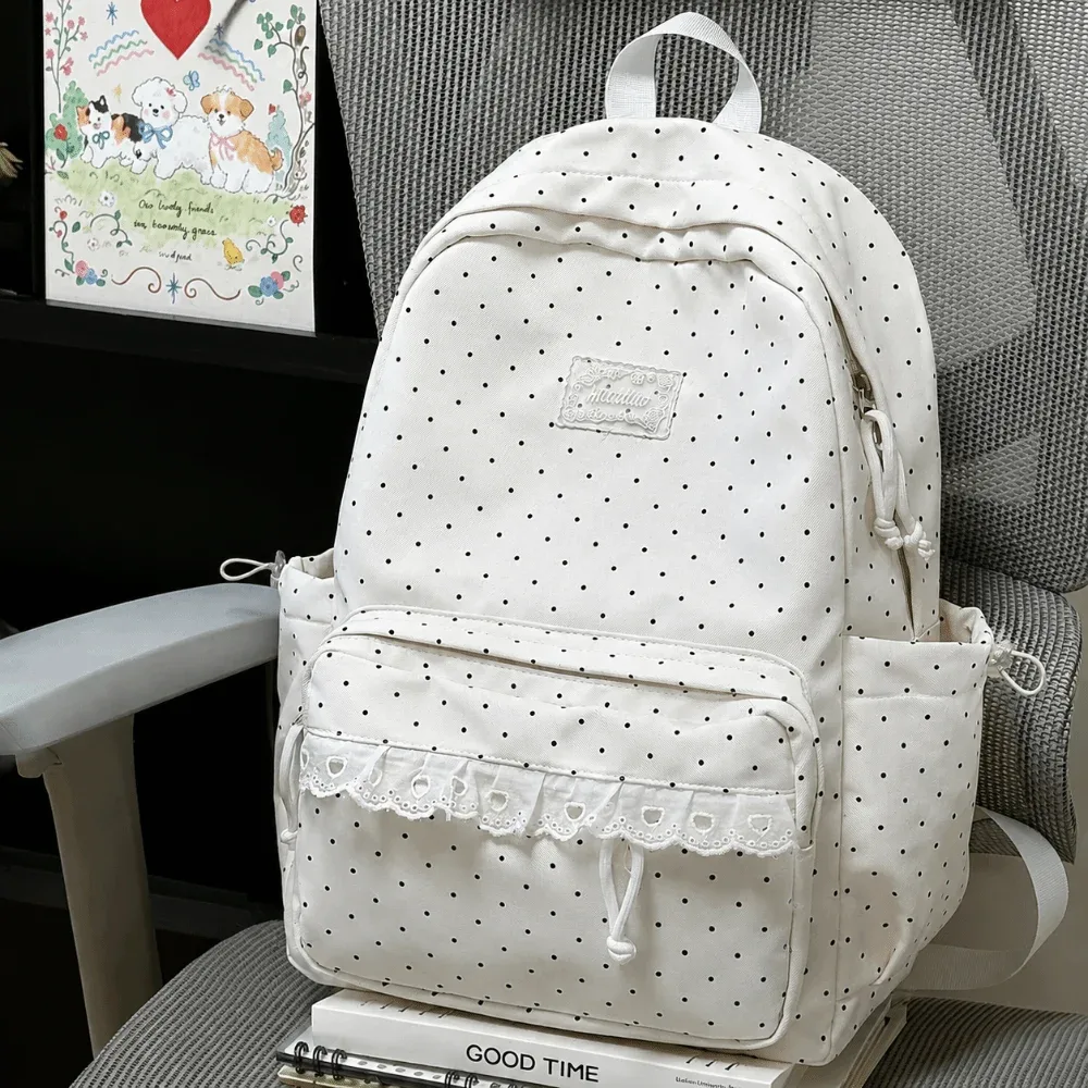 sac à dos de voyage à pois tendance avec dentelle en nylon, cartable d'étudiant grande capacité, sac à dos multi-poches pour ordinateur portable