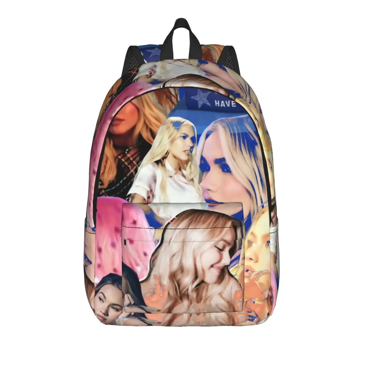 sac à dos freya skye avec patchwork photo et texte bleu, sacs à dos modernes pour garçons, sacs de randonnée souples, sacs d'école secondaire, sac à dos de créateur