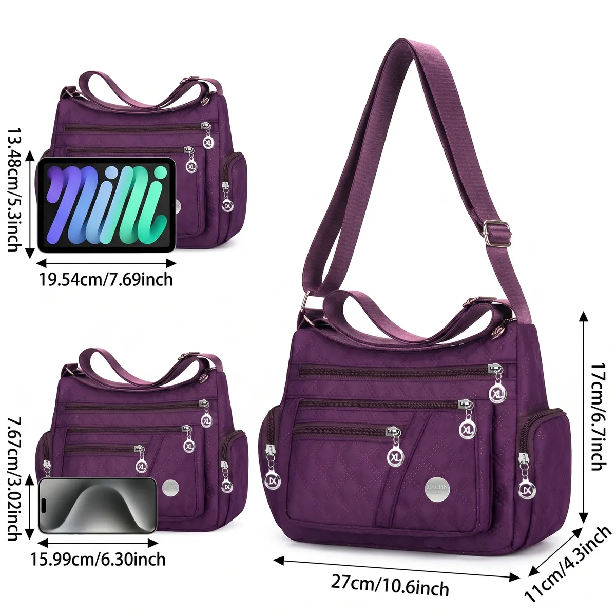 sac à bandoulière matelassé en nylon pomelo best pour femme, multi-poches avec sangle réglable pour les déplacements quotidiens