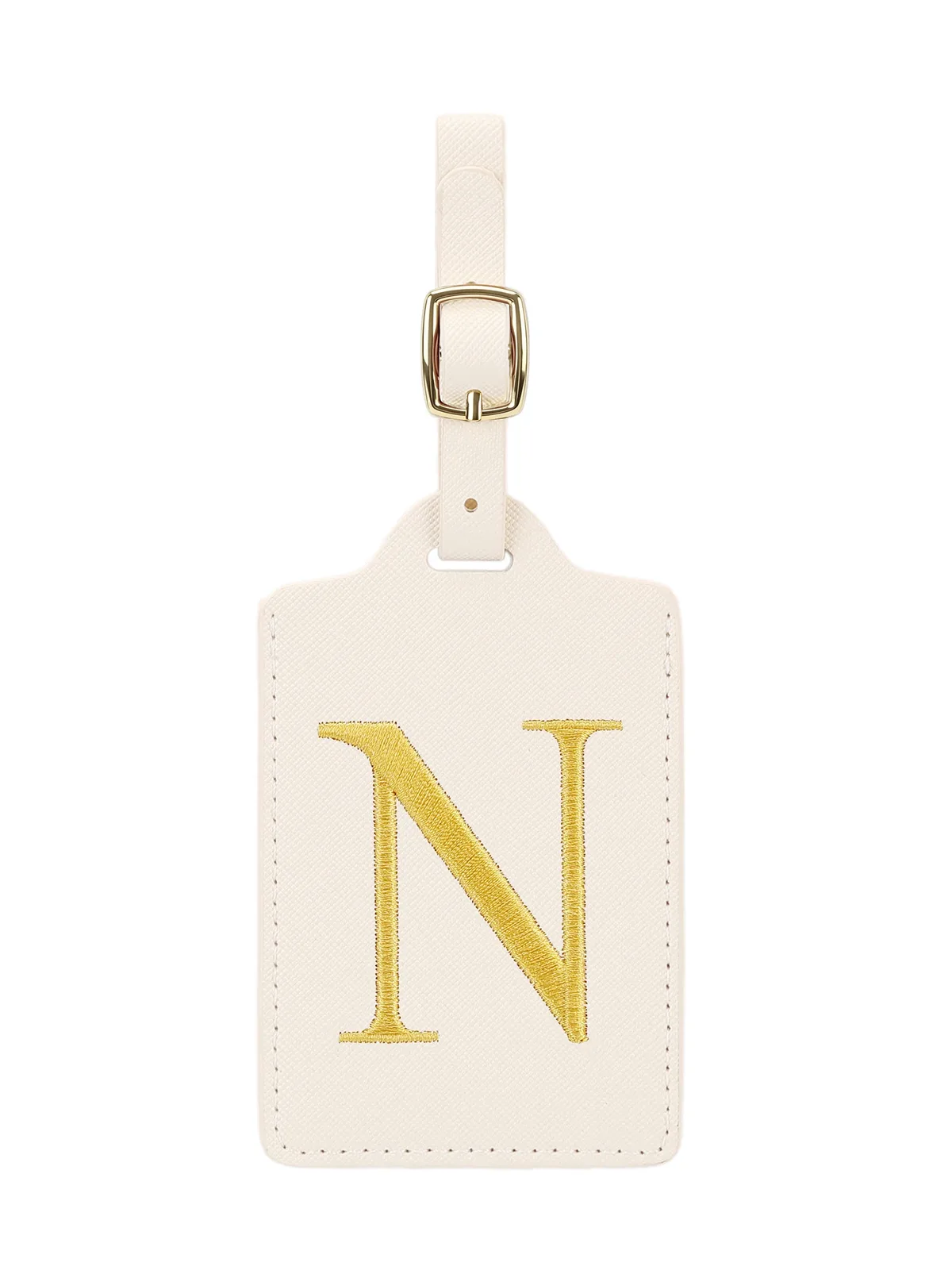 étiquette bagage polyester lettre dorée cuir blanc rectangulaire identification voyage unisexe alphabet fixation anneau métallique
