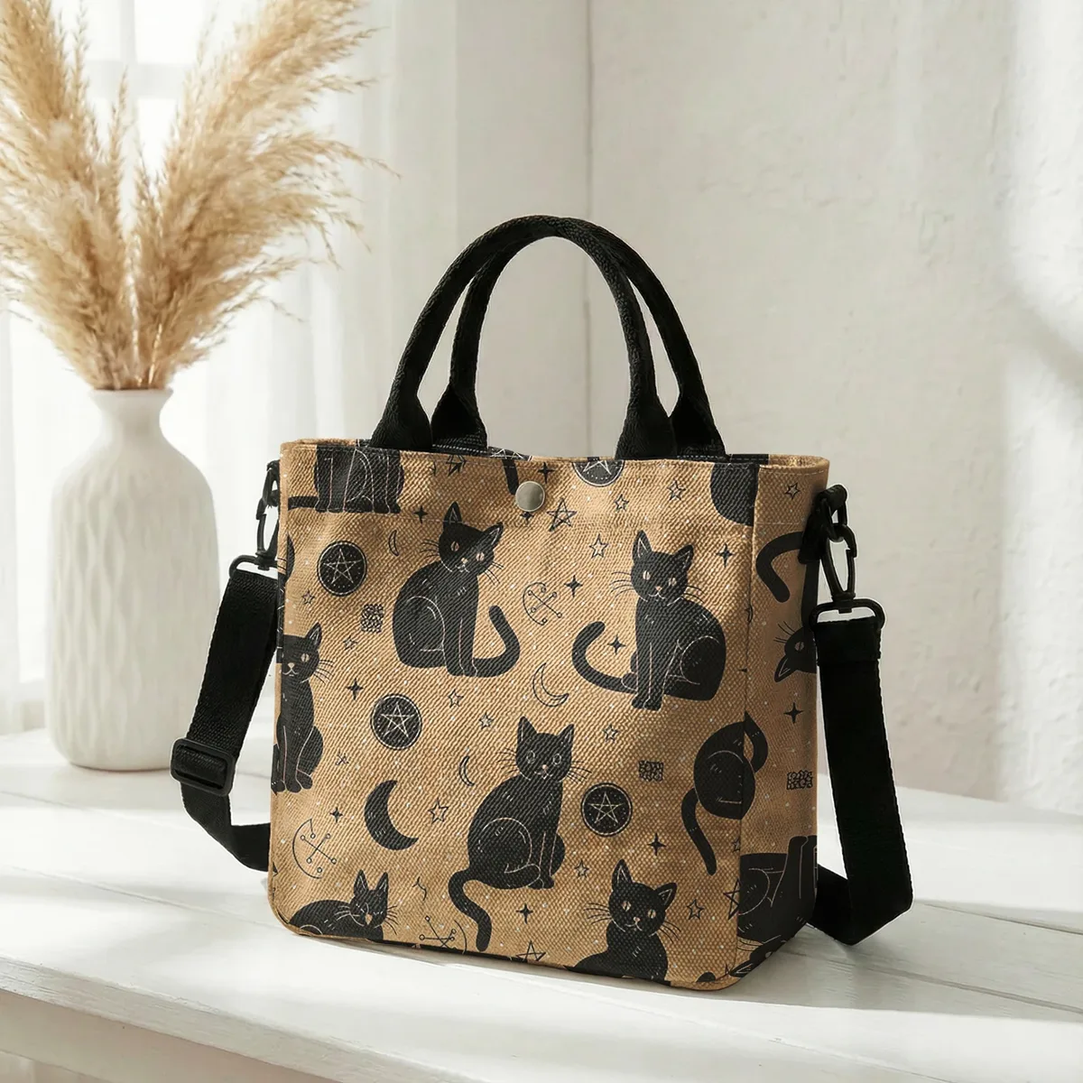 sac fourre-tout en toile rose imprimé lune et étoiles avec chat noir sorcière, bandoulière détachable, sac à main bandoulière pour femme, idéal pour le shopping quotidien