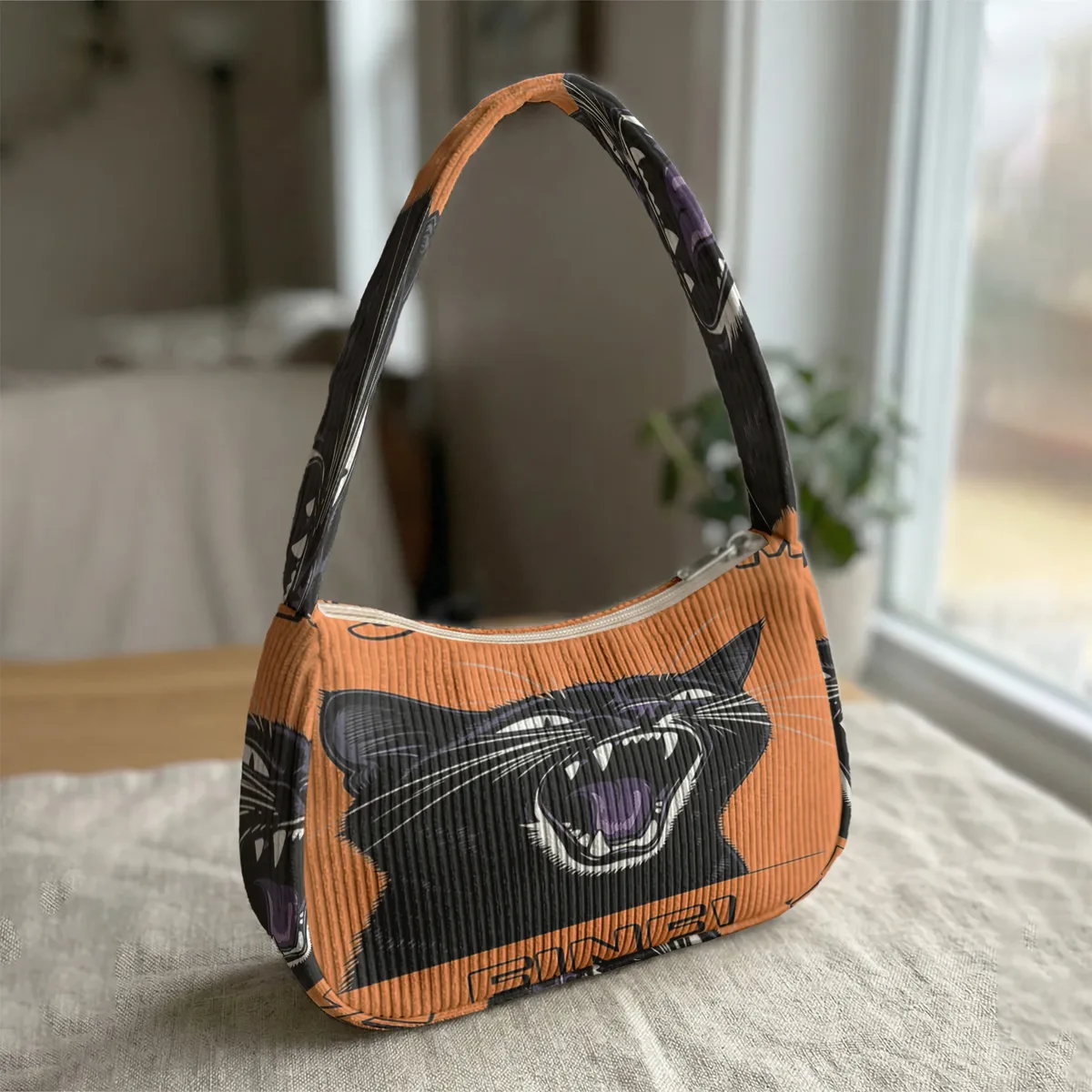sac à bandoulière tendance imprimé chat noir en colère, sac sous le bras en velours côtelé pour un usage quotidien décontracté