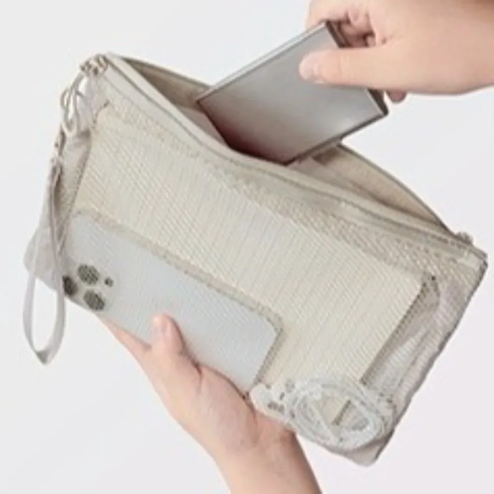 sac de rangement en maille légère, trousse de toilette en polyester avec fermeture éclair, sac à cosmétiques multifonctionnel de couleur unie, utilisation polyvalente