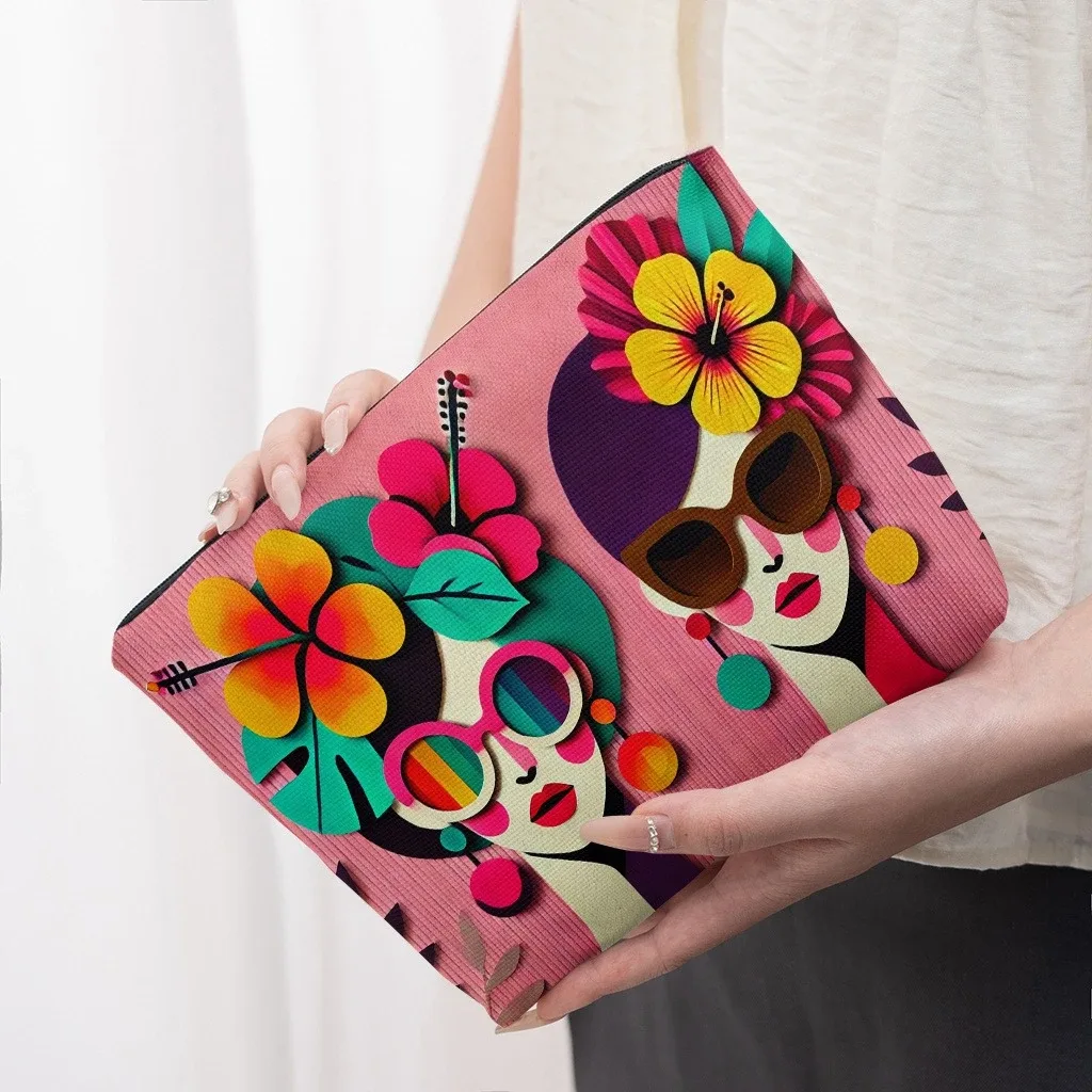 trousse de maquillage pour visage et fleur d'hibiscus tropical, 1 pièce, abstraite et vibrante, organisateur cosmétique pliable et portable