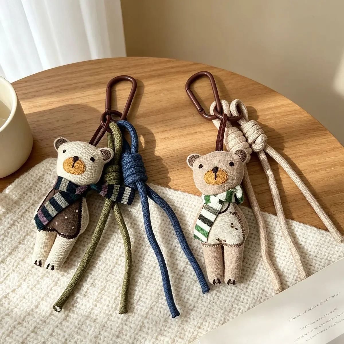 breloque de sac ourson en tissu mignon avec écharpe et clip en corde tressée pour sac à main, sac à dos, sac fourre-tout, décoration et cadeau