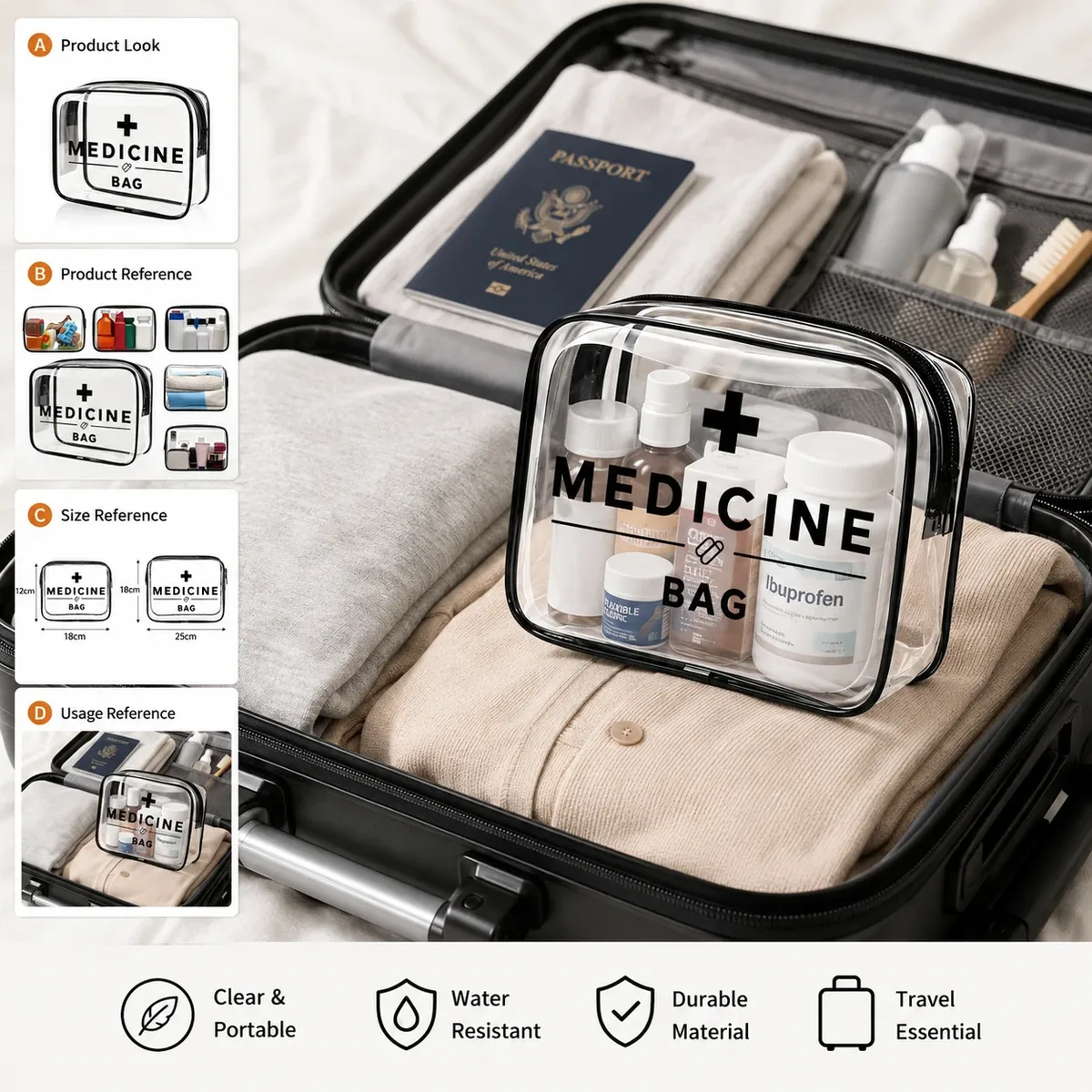 sac à médicaments transparent portable, organisateur de premiers secours transparent, grande capacité, étui de rangement à fermeture éclair pour les voyages et les urgences à domicile.