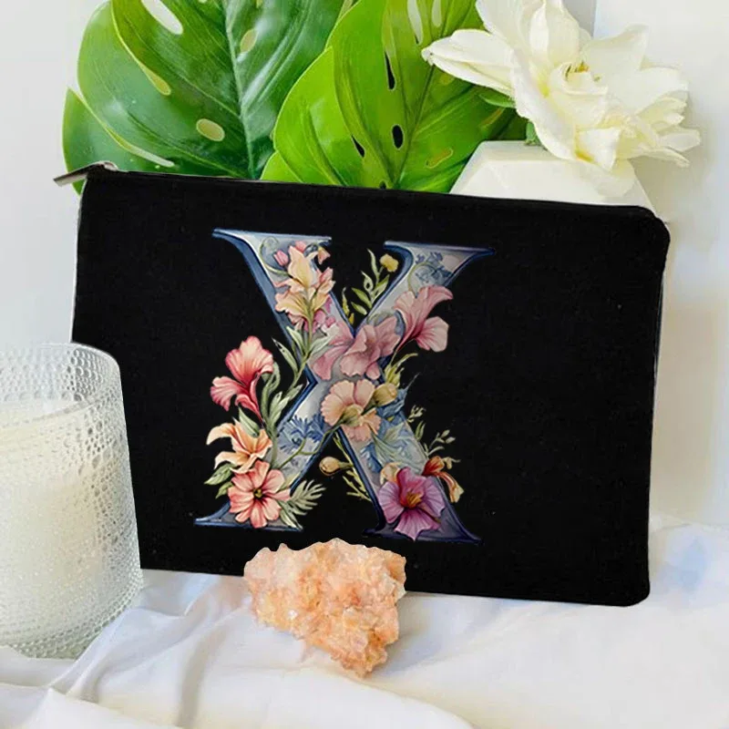 trousse toilette toile noire initiale fleurs maquillage femmes voyage sac cosmétiques intérieur uni poignée glissière