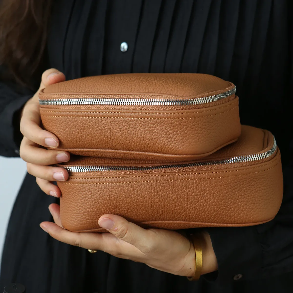 sac de maquillage en cuir véritable, design simple, cuir de vachette de première qualité, sac de toilette portable, sac de rangement pour cosmétiques pour femmes, sac de voyage