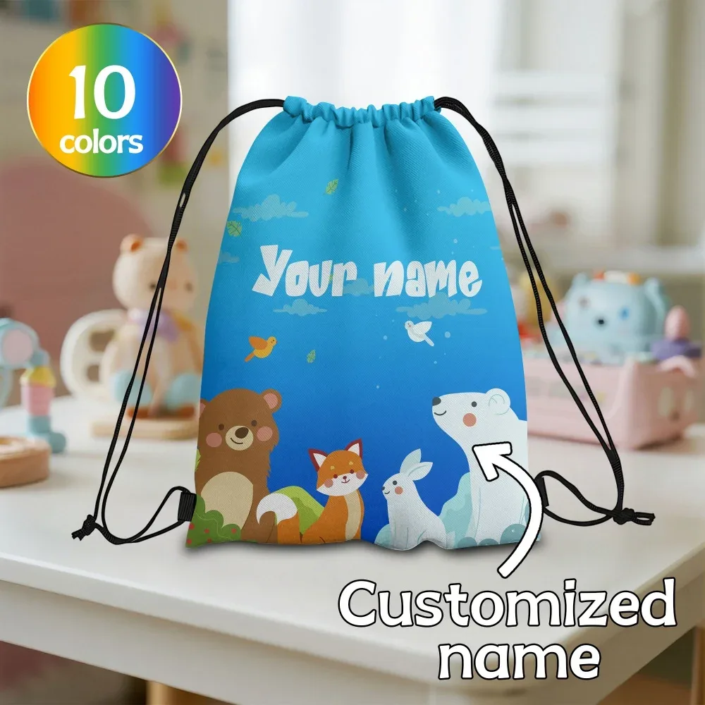 sac à dos à cordon personnalisé avec animaux de la forêt et de l'arctique, motif ours, renard, ours polaire, sac à cordon de sport pour enfants