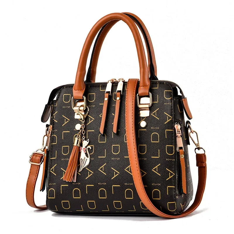 sac à main en cuir pu avec lettres anglaises pour femmes, sac à poignée supérieure avec pompon, sac à bandoulière de luxe de grande capacité, fourre-tout design
