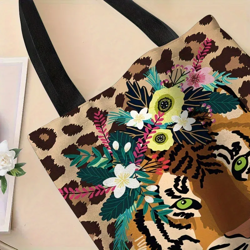 sac fourre-tout avec illustration d'un tigre portant une couronne sur un fond imprimé léopard, parfait pour le shopping, 1 pièce