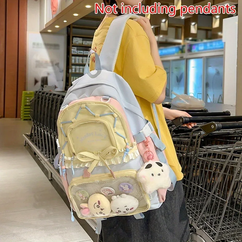 sac dos nylon unisexe pastel gris rose bleu clair motifs lapins coeurs accessoires voyage léger