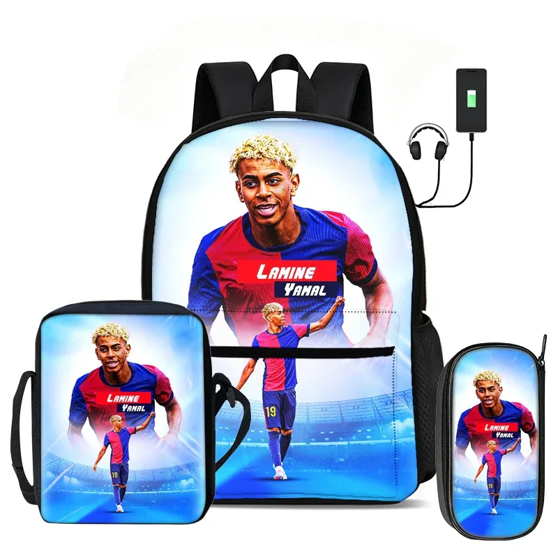 l-lamin yamal ensemble de 3 pièces : sac à dos, sac à bandoulière, trousse à crayons, sac à dos de sport pour enfants, motif star de football