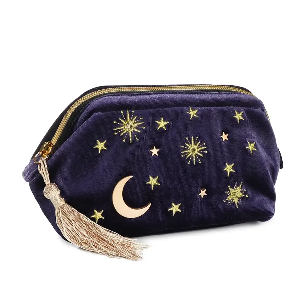 Trousse à cosmétiques en velours brodée, motif étoile et lune, trousse de maquillage portable, sac à bijoux exquis, organisateur de voyage, poudres pinceaux