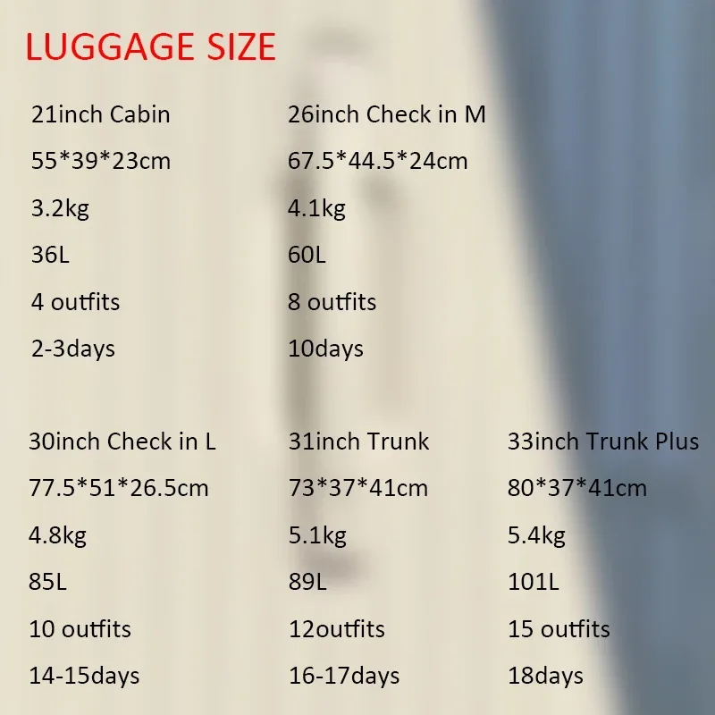 nouvelle collection de valises légères en polycarbonate avec roulettes, tailles 20, 26, 30, 31, 33 pouces, bagages de haute qualité