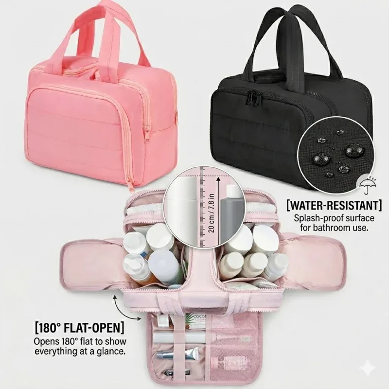 grande trousse de maquillage de voyage 180 °   organisateur de toilette à large ouverture, trousse à cosmétiques rembourrée résistante à l'eau avec poignée pour bouteilles pleines grand format