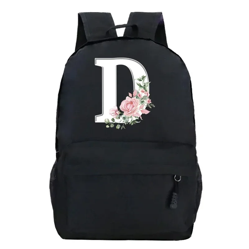 étudiant dames rose floral alphabet blanc impression sac à dos femmes fleur harajuku cartables femme rose lettre sac à bandoulière