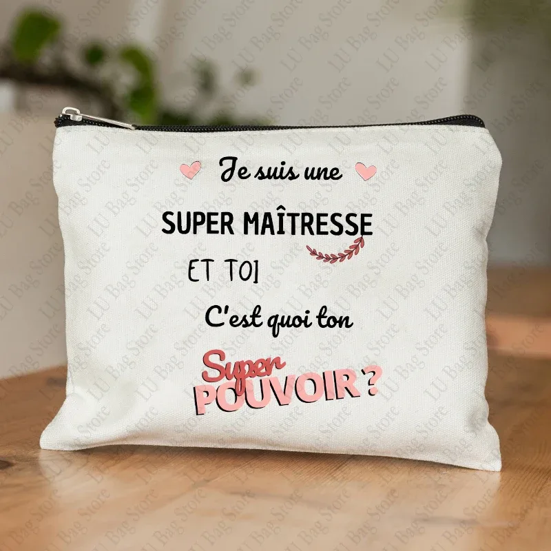 trousse de maquillage pour femmes, thème enseignant, étui à cosmétiques inspiré de maitresse avec motif éducatif de conception de style français, portefeuille pour le travail ou l'école