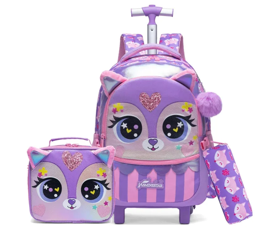 sac à dos de voyage pour enfants, sac à dos d'école à roulettes pour filles, bagages de voyage 3 en 1, valise à main avec sac à déjeuner