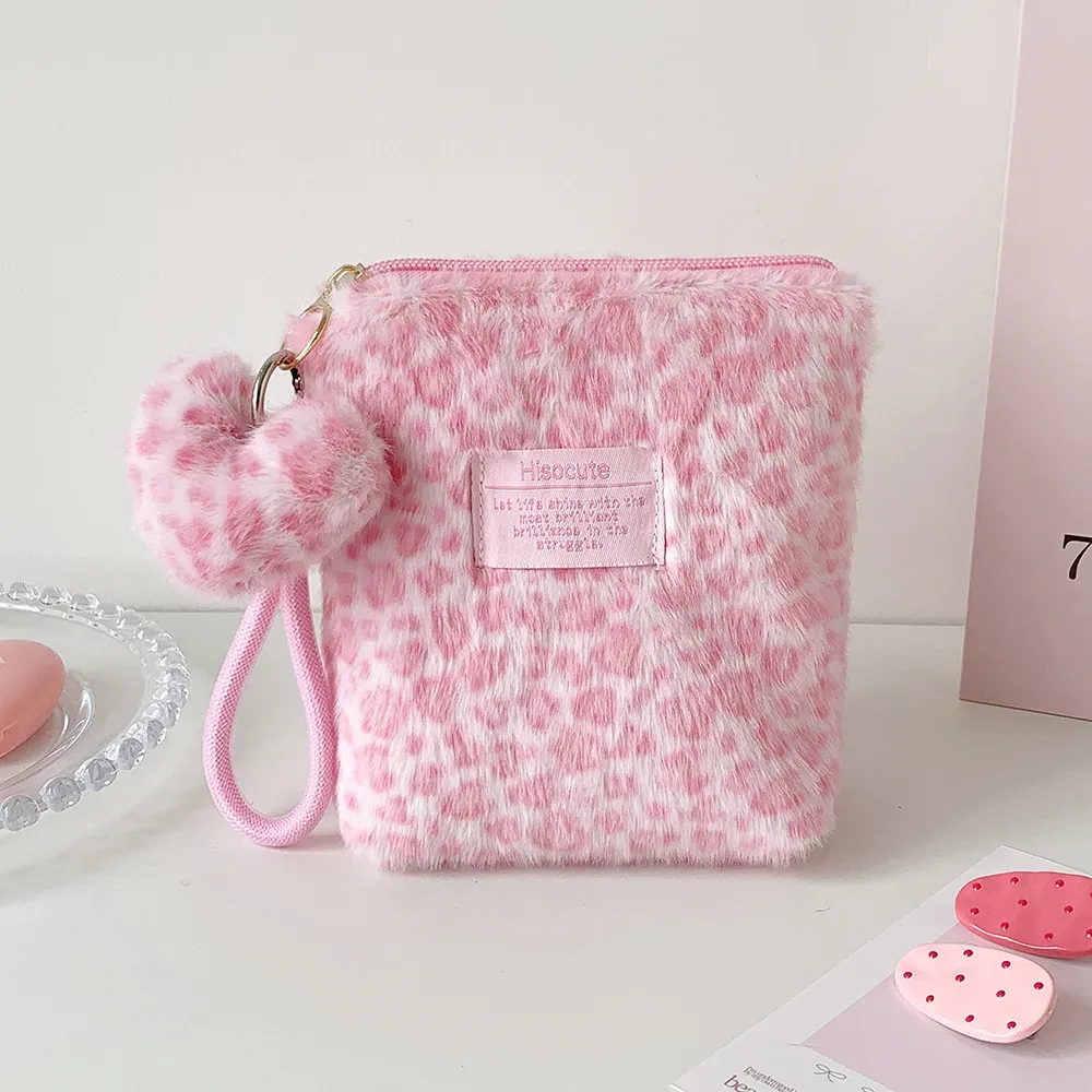 nouvelle trousse de maquillage vintage en peluche imprimé léopard pour filles, organisateur portable de soins de la peau, petite trousse de toilette pour étudiantes, pochette femme