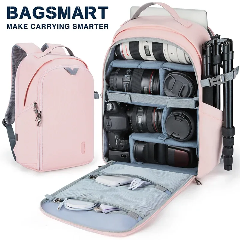 Sac Dos Toile Rose Compartiments Multifonction Appareil Photo Objectifs Accessoires Voyage Extérieur Trépied Fixation