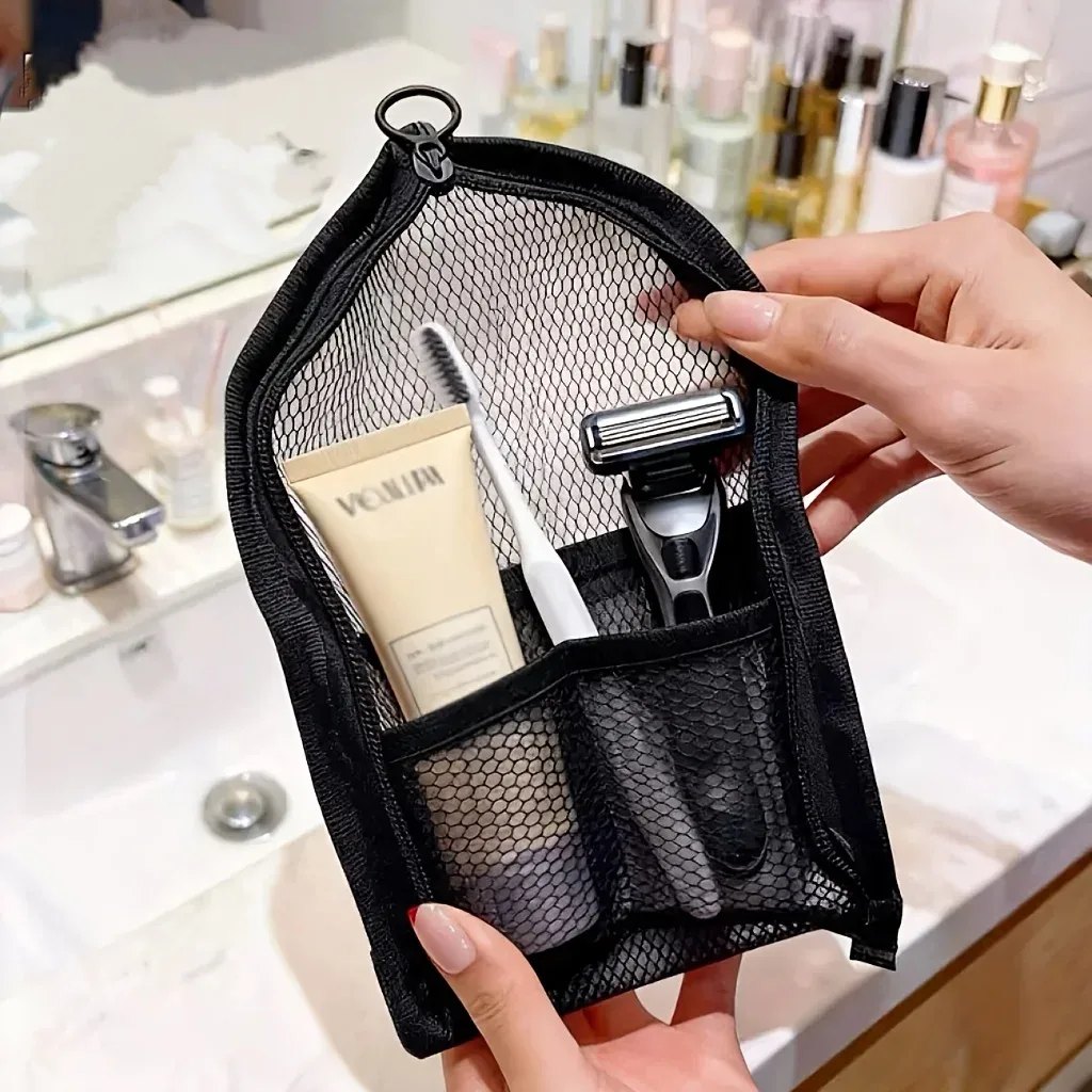 sac de toilette de voyage en maille, organisateur de cosmétiques respirant, pochette portable à fermeture éclair pour ranger le dentifrice et la brosse à dents dans la salle de bain