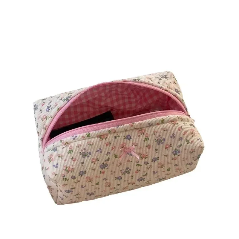 trousse de maquillage florale matelassurera avec fermeture éclair, trousse de toilette à imprimé floral mignon, trousse de rangement pour pinceaux de maquillage, trousse à cosmétiques de grande capacité