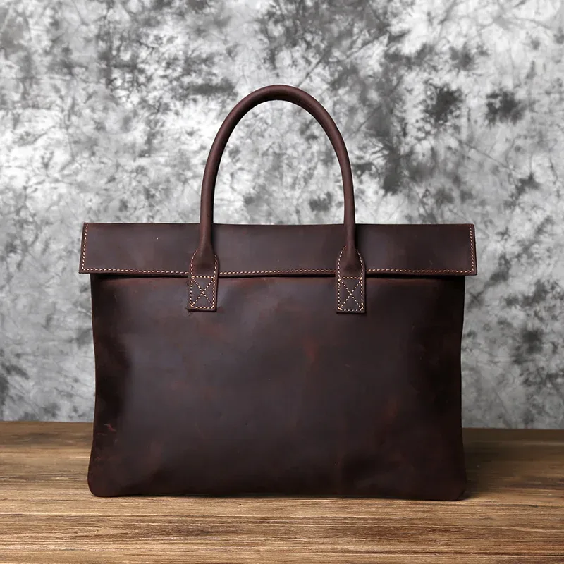 nzpj – mallette rétro en cuir pour hommes, sac à main décontracté, couche supérieure en peau de vache, sac d'affaires pour tablette, pochette fine pour ordinateur portable 16 pouces