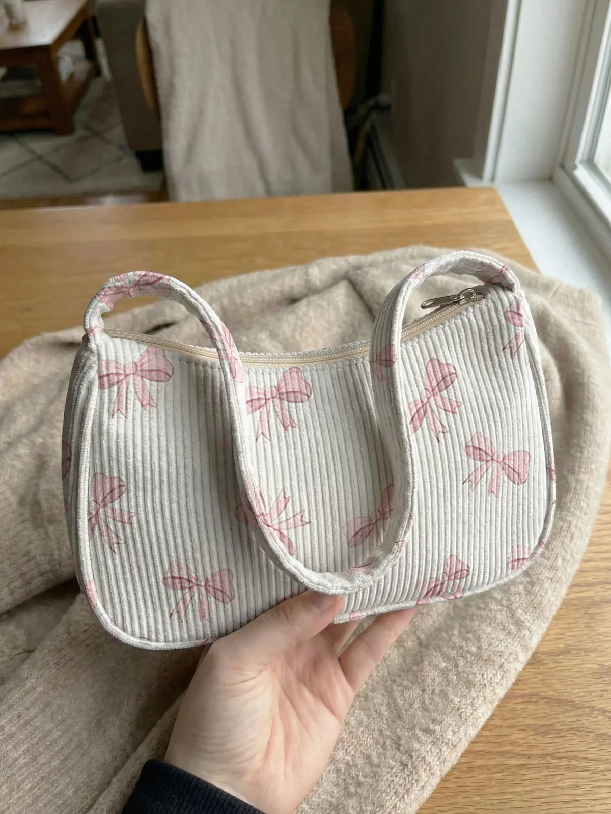 Sac à bandoulière tendance imprimé nœud rose, sac sous le bras en velours côtelé beige pour usage quotidien décontracté