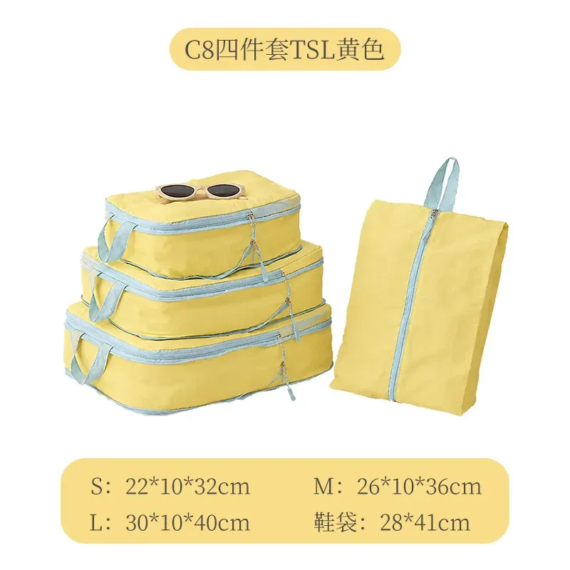 organisateur voyage compression taslan jaune bleu cube sacs chaussures rangement vacances longue durée hygiène transport