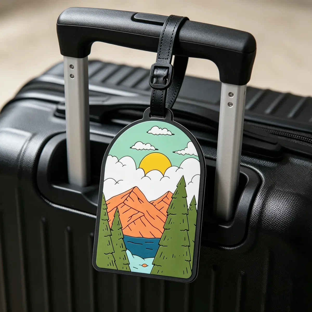 étiquette bagage pvc paysager motif nature montagnes arbres lacs cieux couleur variée voyage déplacement professionnel scolaire anti perte identification
