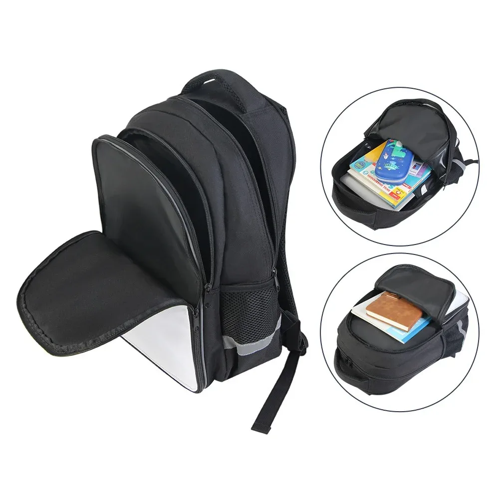 sac à dos d'étudiant noir vierge pour sublimation, double couche, avec bande de protection fluorescente pour impression par transfert thermique