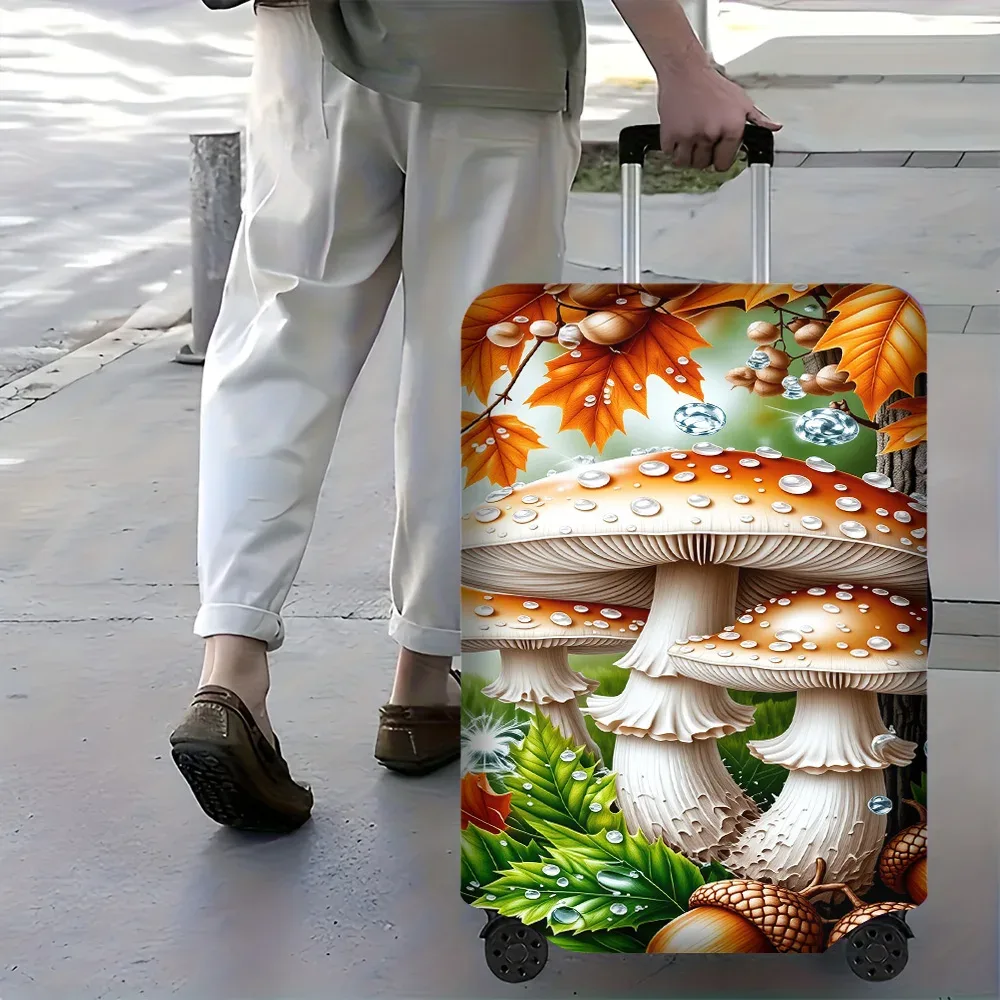 housse valise polyester motif champignons feuilles glands gouttes eau couleur principale vert orange beige protection voyage
