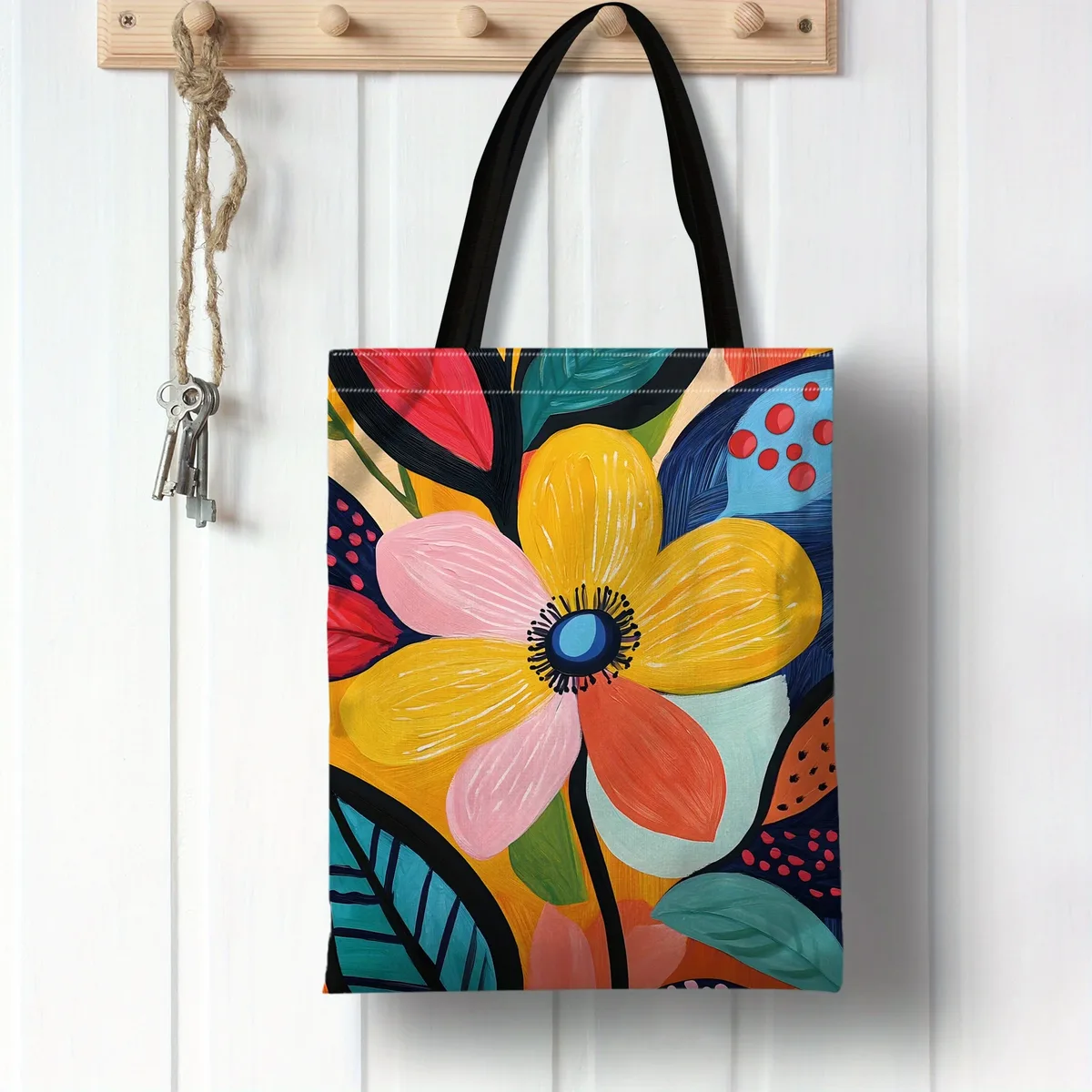 sac fourre-tout floral, illustrations florales vibrantes, sac de shopping réutilisable, sac fourre-tout à motifs de cœurs arc-en-ciel, grand sac de rangement pour achats.