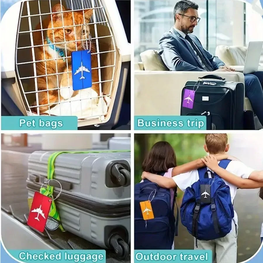 étiquette bagage métallique aluminium rouge bleu noir or violet avion nom cartes identité accessoires voyage anti-perte lot cinq pièces