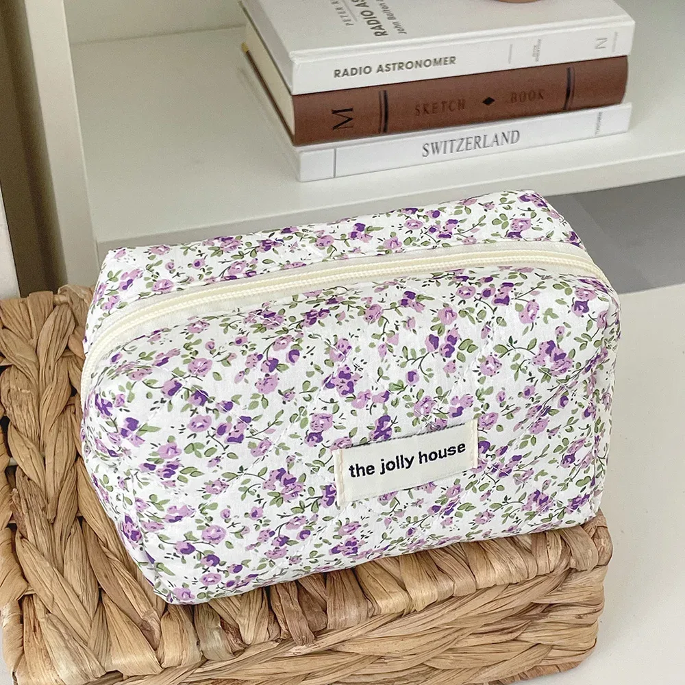 sac de rangement de maquillage matelassé à fleurs, organisateur de voyage portable, pochette de toilette cosmétique, sac à main de maquillage mignon, sacs floraux, vente en gros