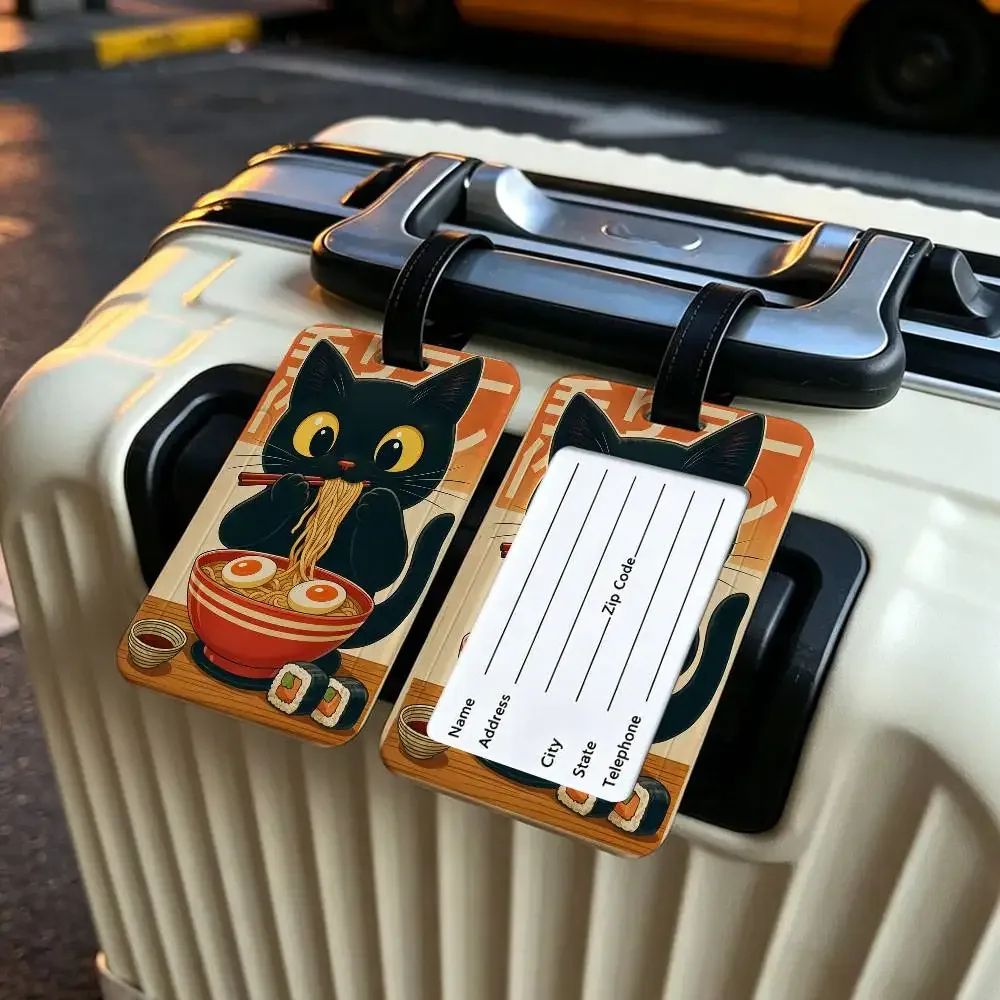 chat japonais mangeant des nouilles, étui pour carte d'information en toile imperméable, étiquette de bagage en pvc, identifiant anti-perte pour valise et sac à main