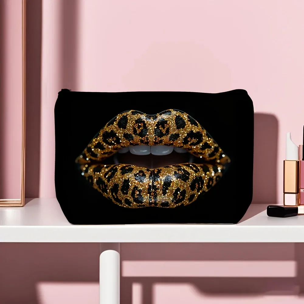 trousse polyester motif lèvres léopard noire pochette cosmétique rectangulaire voyage beauté maquillage toile résistante