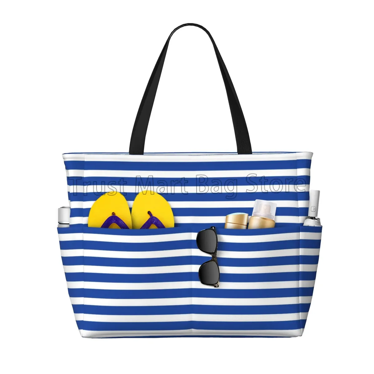 grand sac de plage bleu rayé pour femme, étanche, sac fourre-tout anti-sable, sac de piscine avec fermeture éclair et poches, voyage, vacances, salle de sport