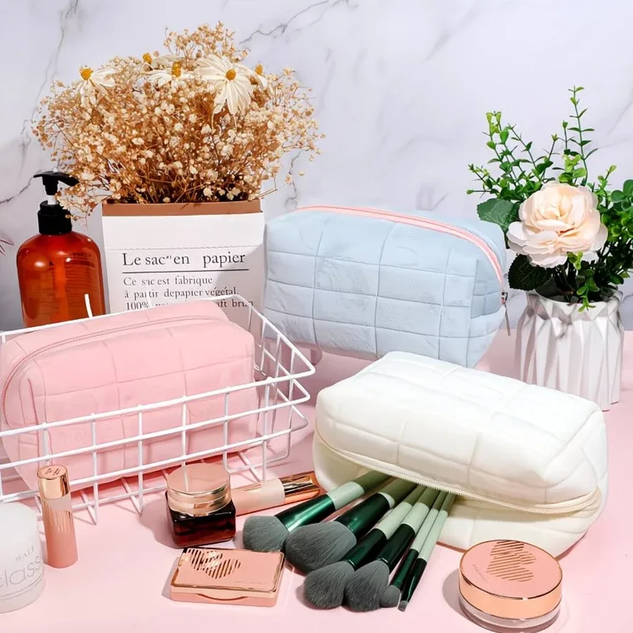 pochette polyester rose claro carreaux blancs zip voyage cosmétiques rangement multifonctionnement portable mignonne pinceaux maquillage femmes