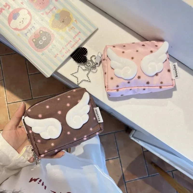 pochette à fermeture éclair avec motif d'ailes d'ange, sac cosmétique à imprimé étoile kawaii, mini organisateur en nylon pour le maquillage et les petits objets