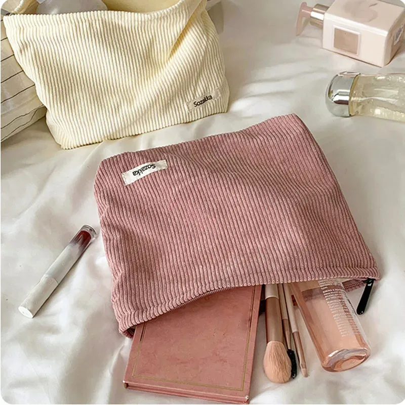 grands sacs à cosmétiques doux pour femmes, trousse de toilette de maquillage, trousse de maquillage de voyage à la mode, trousse de rangement pour crayons et pinceaux en velours côtelé