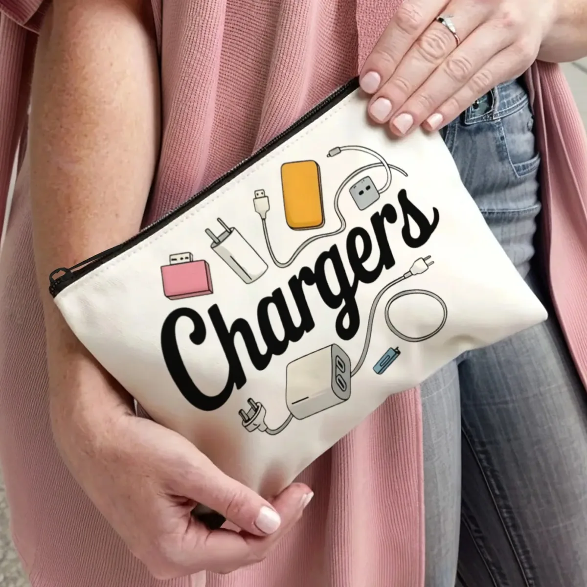organisateur voyage polyester blanc dessins chargeurs électroniques accessoires câbles usage journalier voyage sport couture