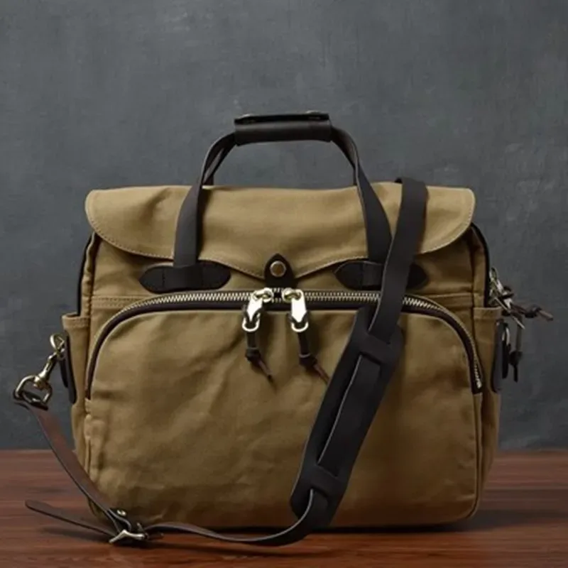 mallette d'affaires vintage en cuir véritable pour hommes, sac à main de voyage en plein air, sac de messager pour ordinateur, sac de travail, toile de haute qualité, 15 po