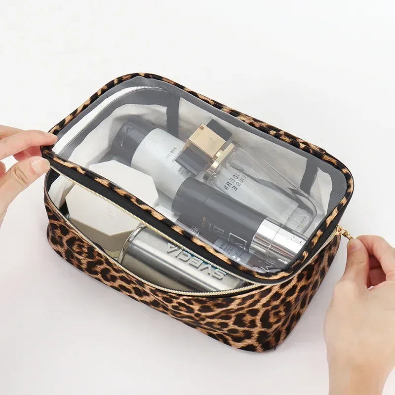 sac de maquillage transparent portable imprimé léopard, sac à cosmétiques de lavage étanche, grande capacité, rangement d'articles de toilette, organisateur de cosmétiques